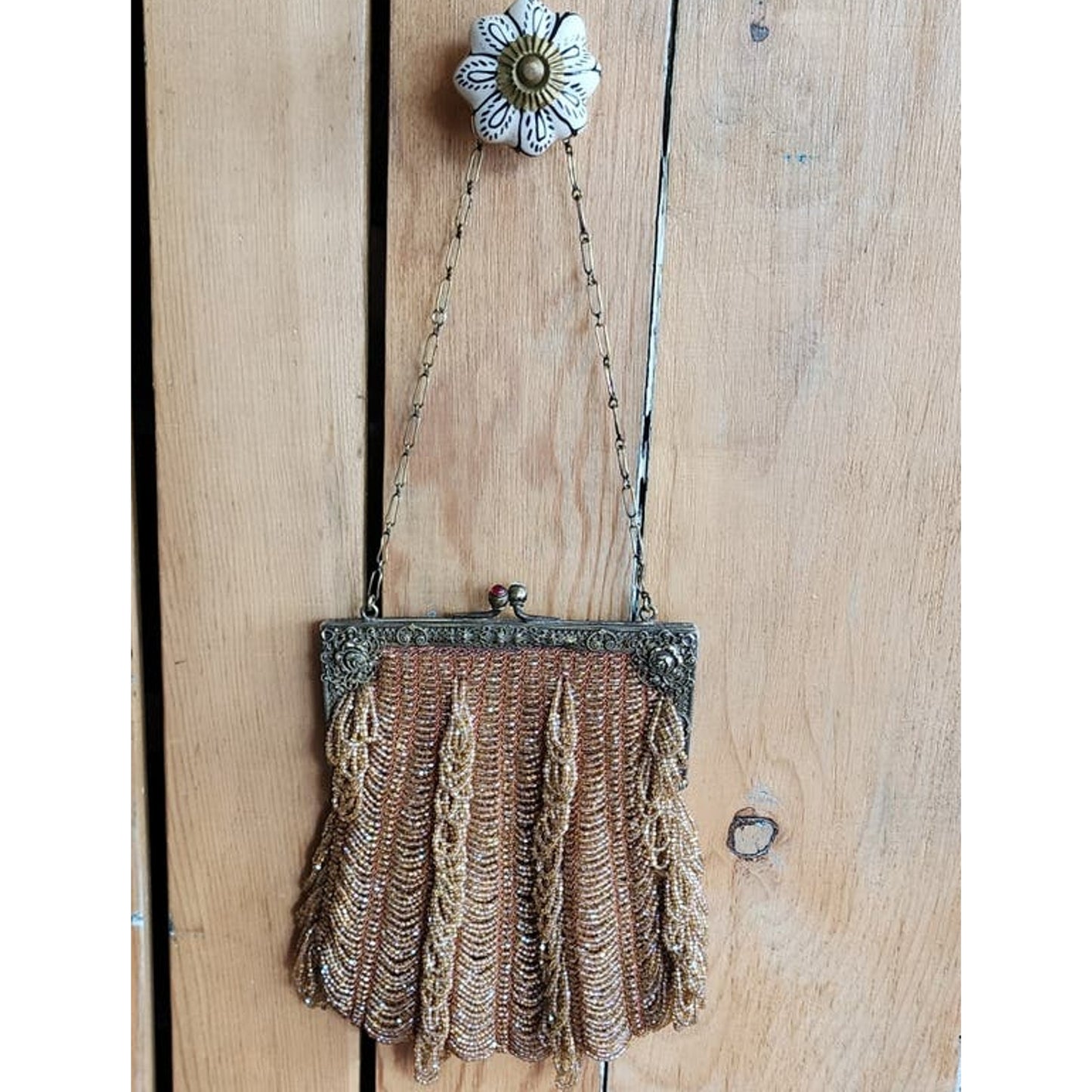 Vintage 1910s Glass Bead Bag Copper Looped Fringe France