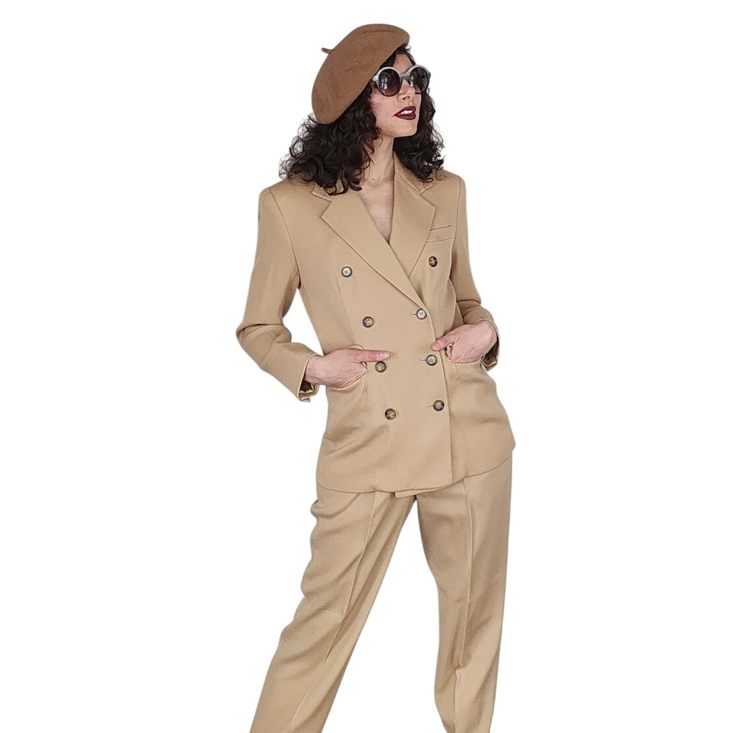Vintage 1990s Cream Wool Pant Suit Double Breasted Blazer Evan Picone