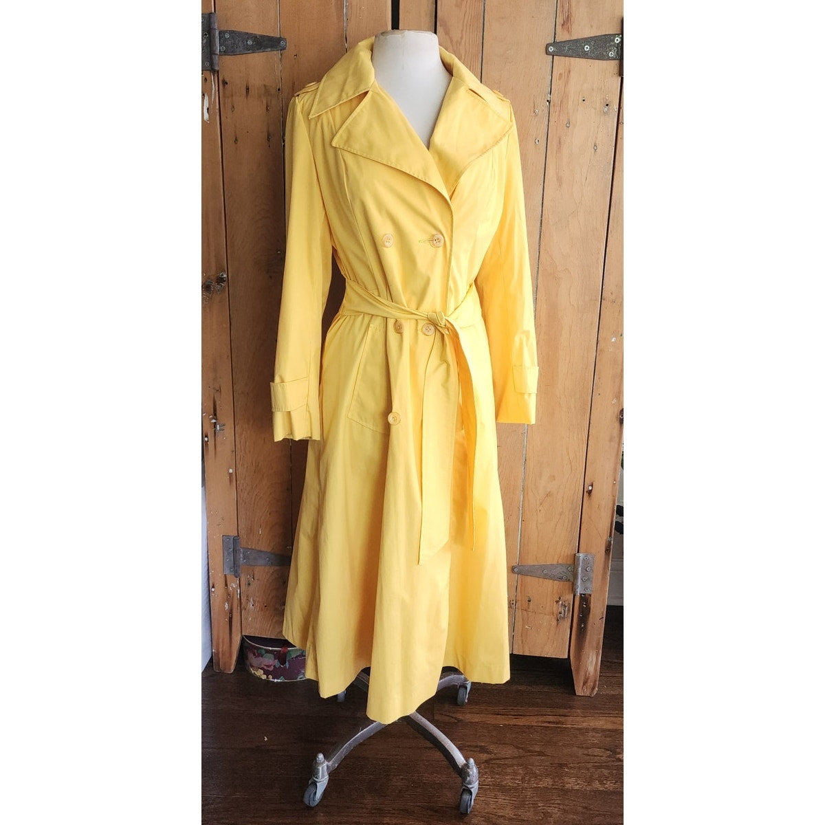 Vintage 70s Yellow Trench Coat Double Breasted Raincoat / S