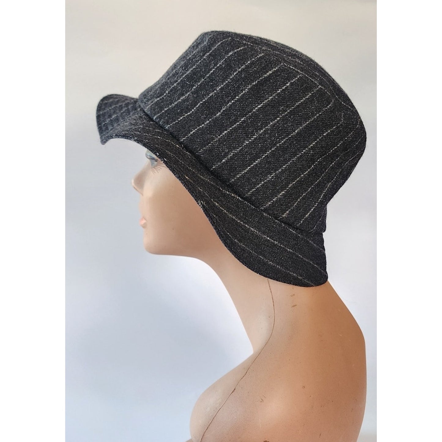 Vintage 1990s YSL Bucket Hat Yves Saint Laurent Gray Pinstriped Wool