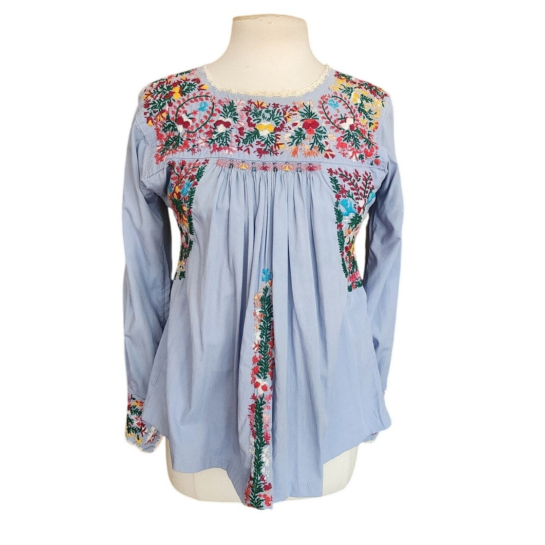 Vintage 1970s Oaxaca Mexico Shirt Peasant Blouse  Embroidered Folk Art