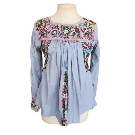 Vintage 1970s Oaxaca Mexico Shirt Peasant Blouse  Embroidered Folk Art