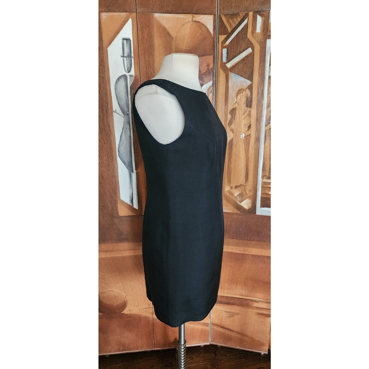 Vintage 1990s Minimalist Dress Black Raw Silk Sleeveless Shift Midi Small