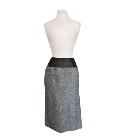 Vintage 80s Guy Laroche Boutique Pencil Skirt Gray Wool Tweed Black Leather Small