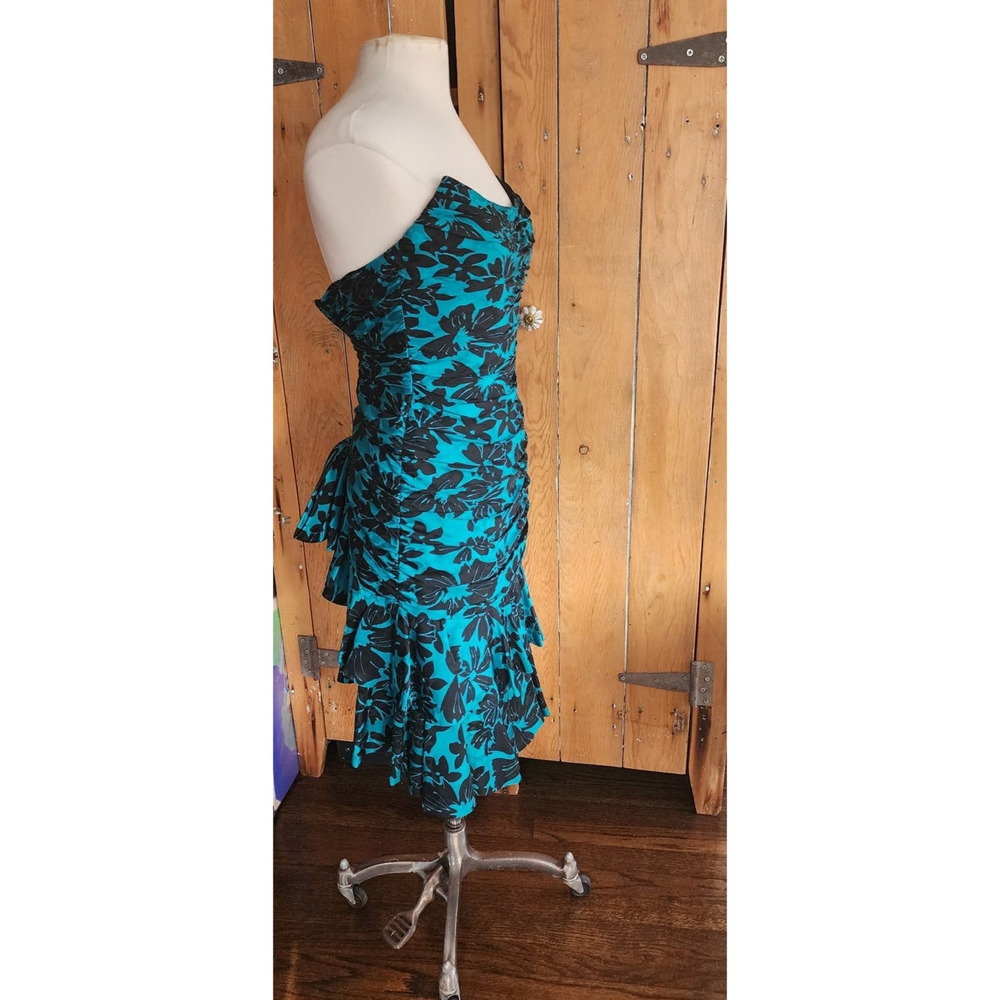 Vintage 80s Strapless Party Dress Teal Black Floral Print