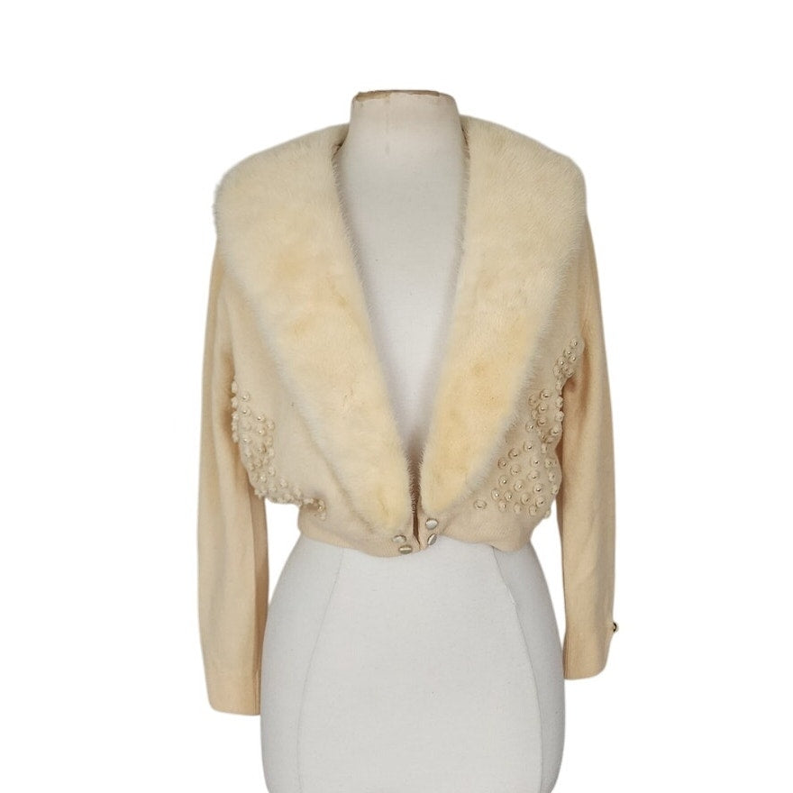 Vintage 50s Cardigan Cream Cashmere Sweater w/Blonde Mink