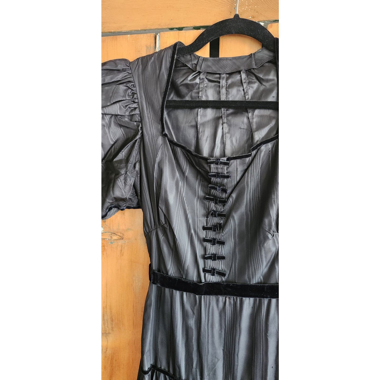 Vintage 30s Black Evening Dress Waterfall Taffeta Short Puffed Sleeves