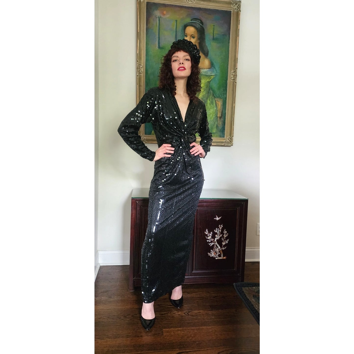 Vintage 80s Black Sequined Evening Dress Oleg Cassini / M