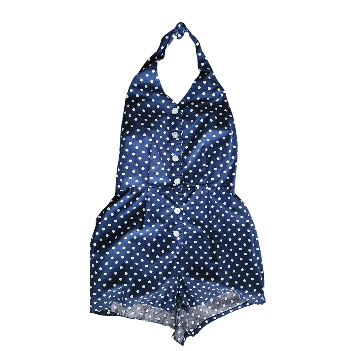 Vintage 70s Romper Polkadot Cotton Print Navy Blue White Halter Top Open Back Sz LARGE