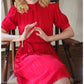 Vintage 80s Red Silk Dress Short Sleeves Belted