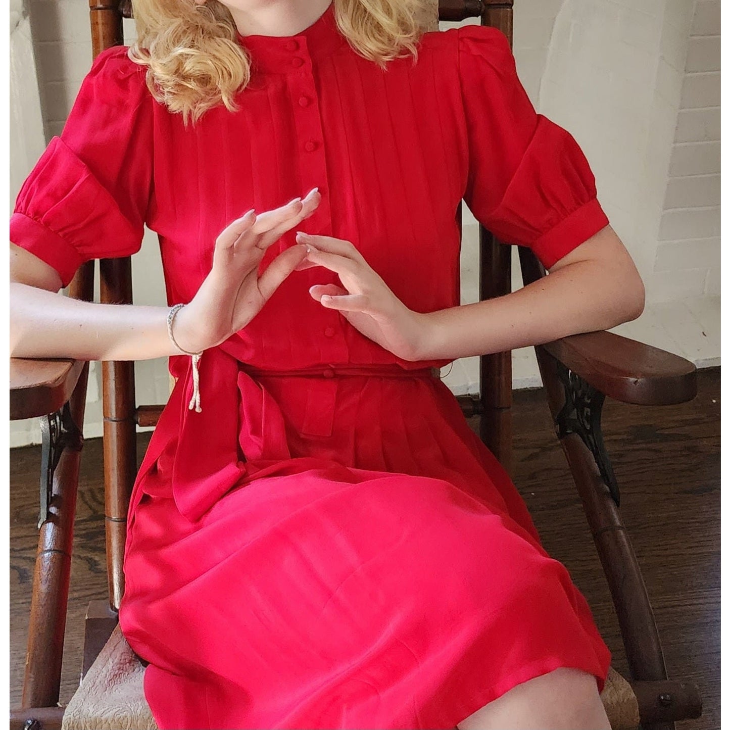 Vintage 80s Red Silk Dress Short Sleeves Belted