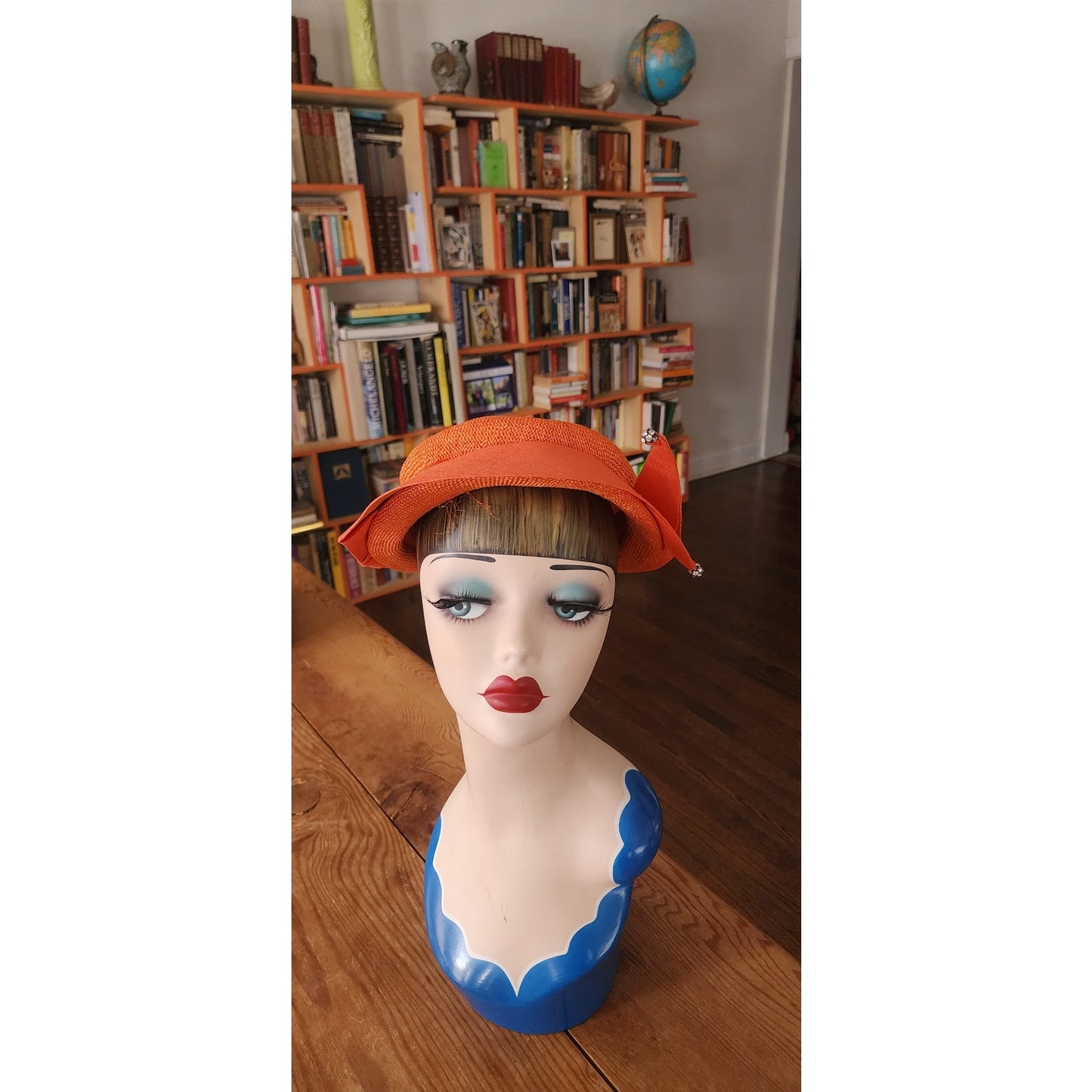 Vintage 50s Orange Straw Cocktail Hat Rhinestones