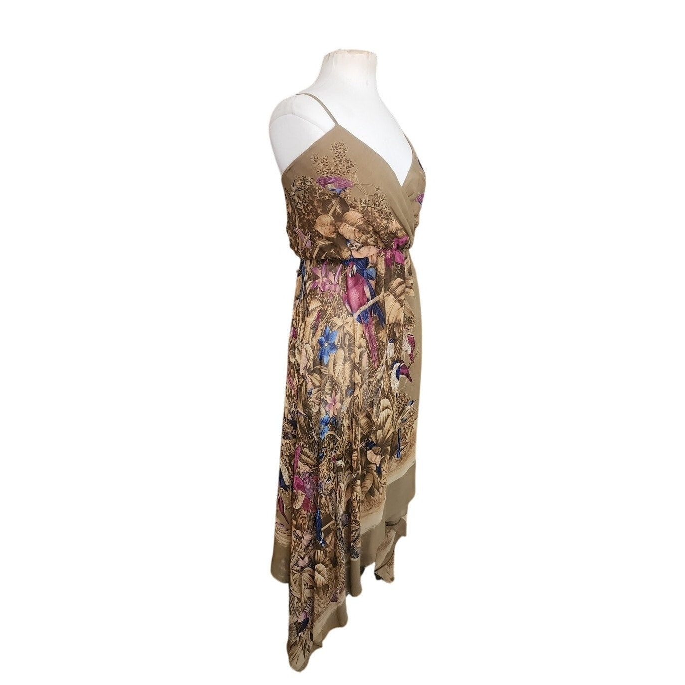 Vintage Vintage 1970s Gianni Versace Dress Silk Parrot Print Handkerchief Hem Slip Style Small