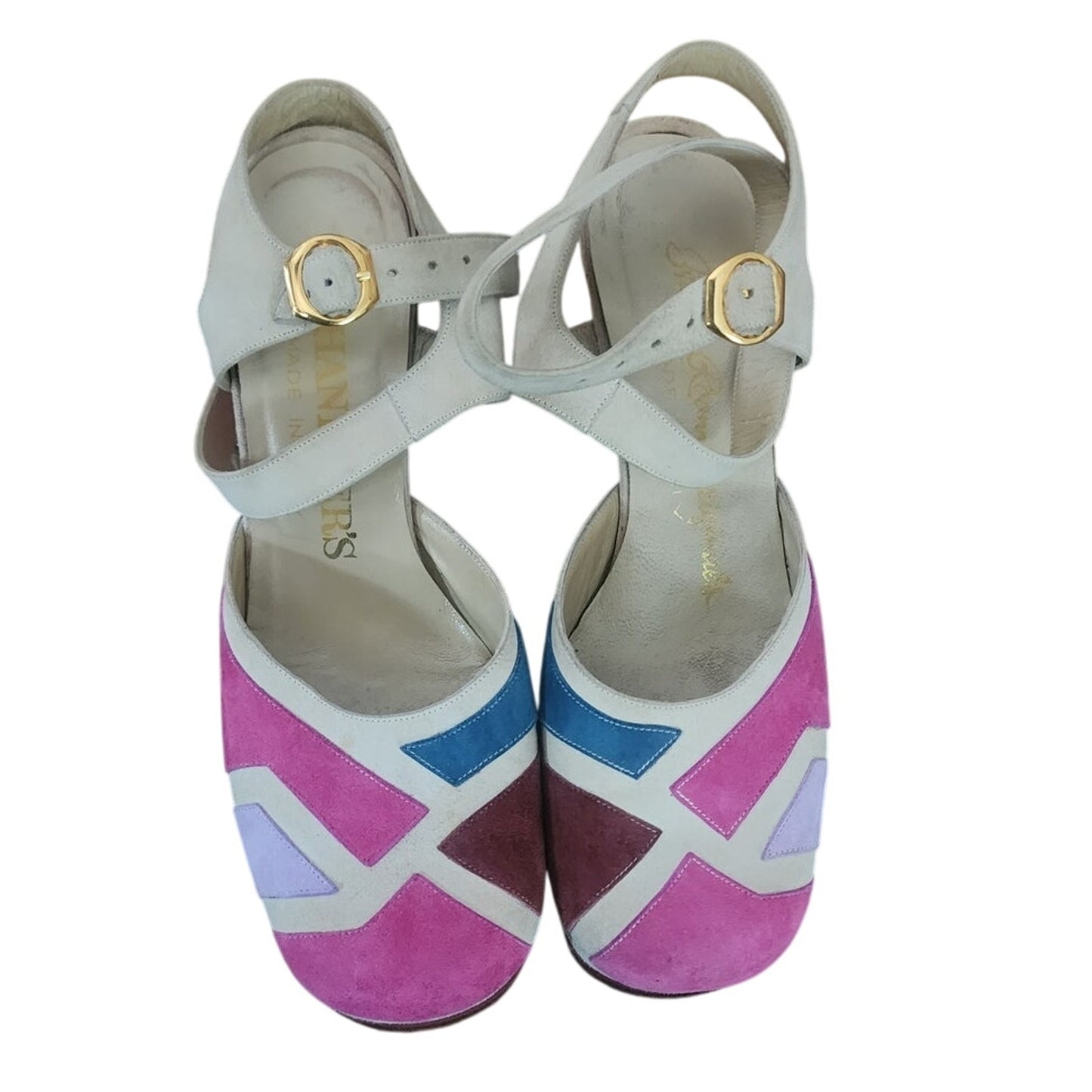 Vintage 1970s 80s Shoes Patchwork Suede Sandals Wedge Heel Pink Purple Blue 6