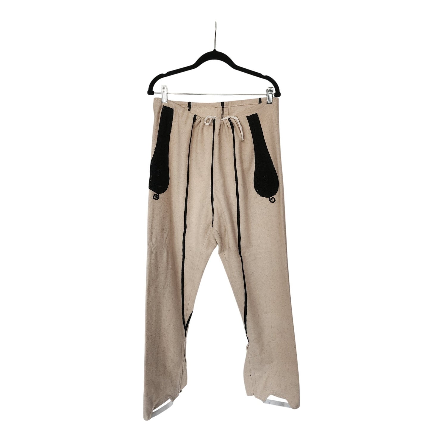 Antique Bulgarian Folk Costume Ethnic Mens Pants Embroidered Cream Wool + Red Scarf