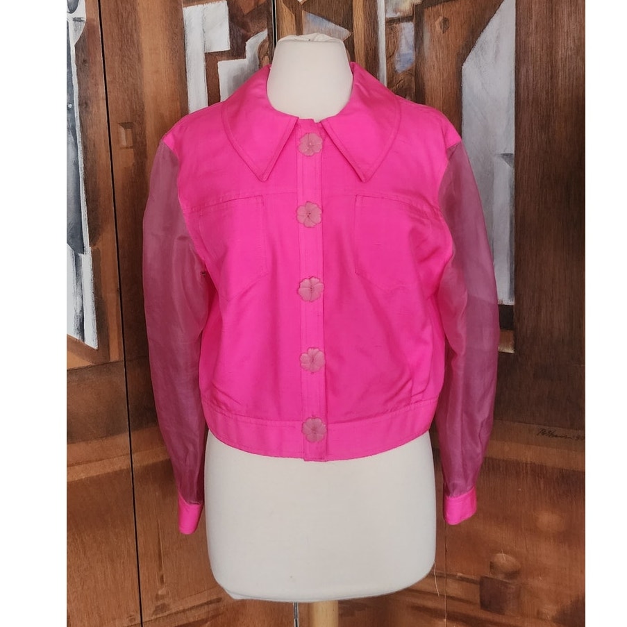 Vintage 90s Pink Silk Jacket Sheer Sleeves Flower Buttons Victoria March Chicago Designer