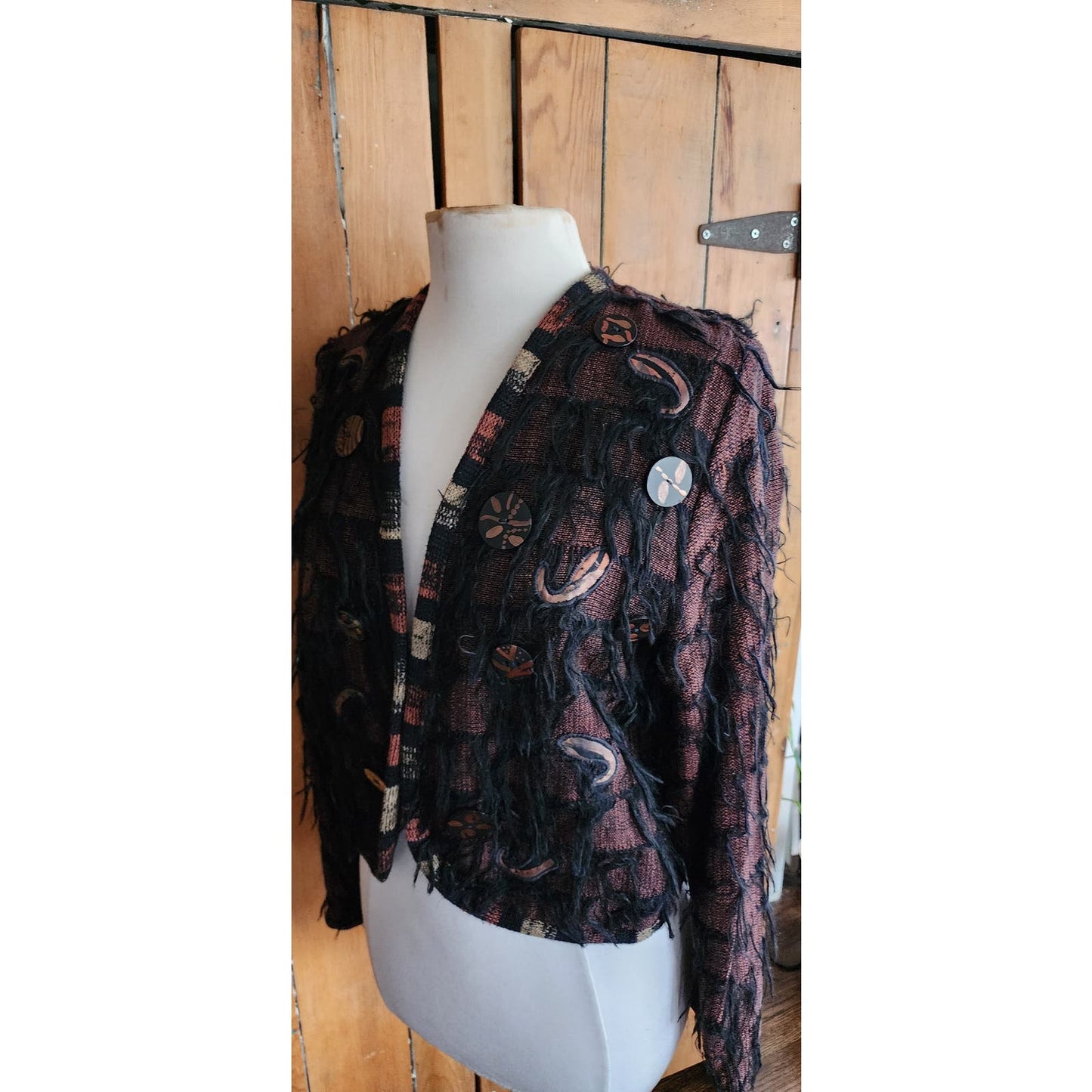 Vintage 80s Handwoven Brown Blazer Applique Fringe by Crystal