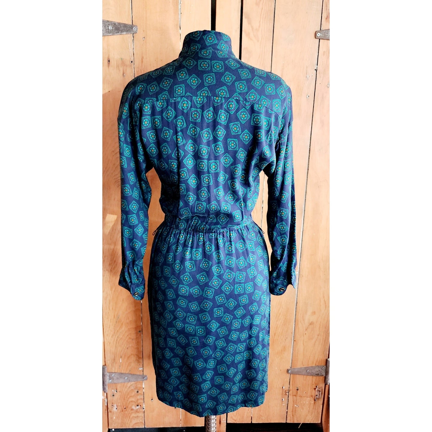 Vintage 80s Liz Claiborne Button Down Dress Green Blue Print