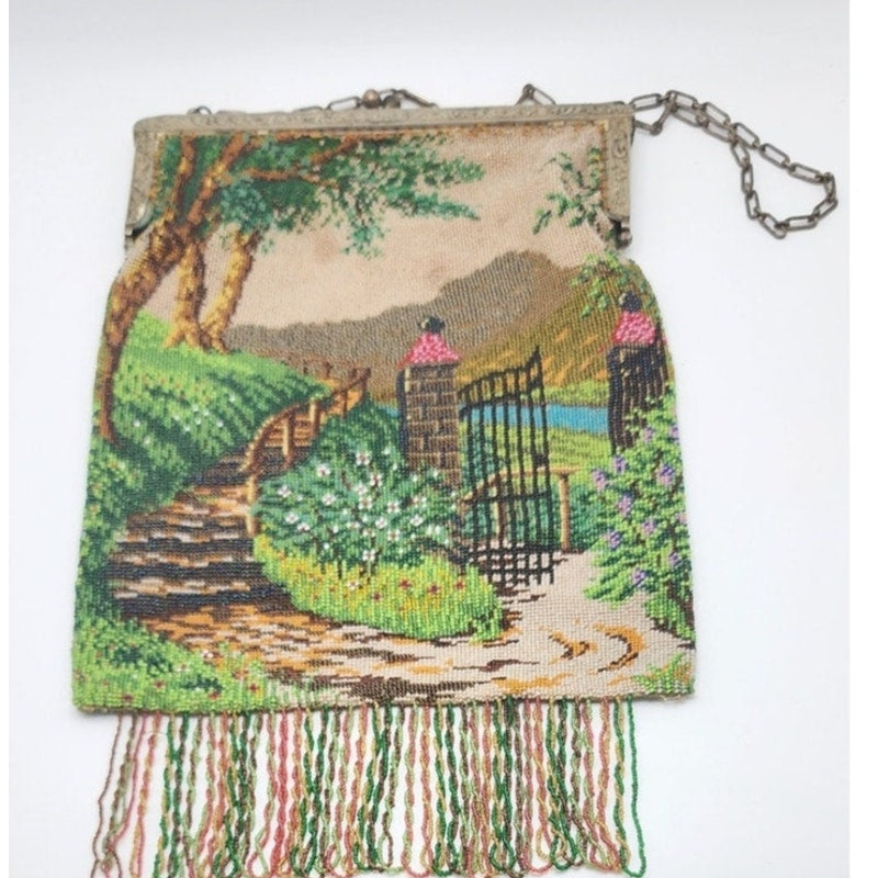 Vintage 20s Beaded Bag Pictorial Landscape Scene