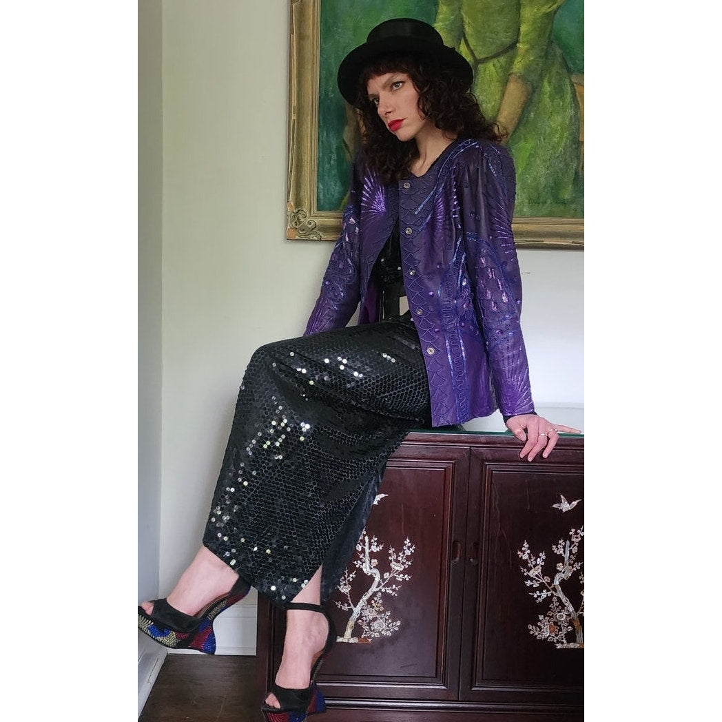 Vintage 80s Purple Leather Blazer Beaded Sequined Jacket French Collizioni / M