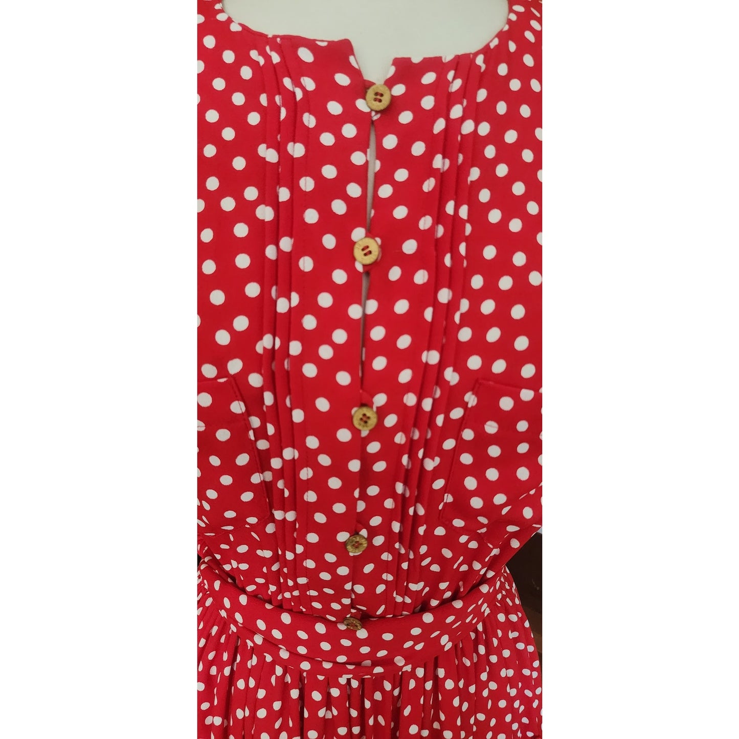 Vintage 1980s Sonia Rykiel Dress Red Polka Dot Rayon Short Sleeved Midi w/Belt