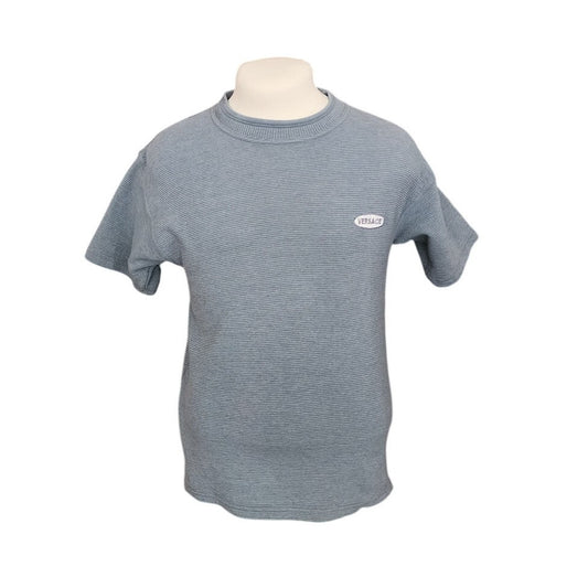 Vintage 90s Versace Classic V2 Mens Top Striped Ribbed Knit T-Shirt Dusty Blue