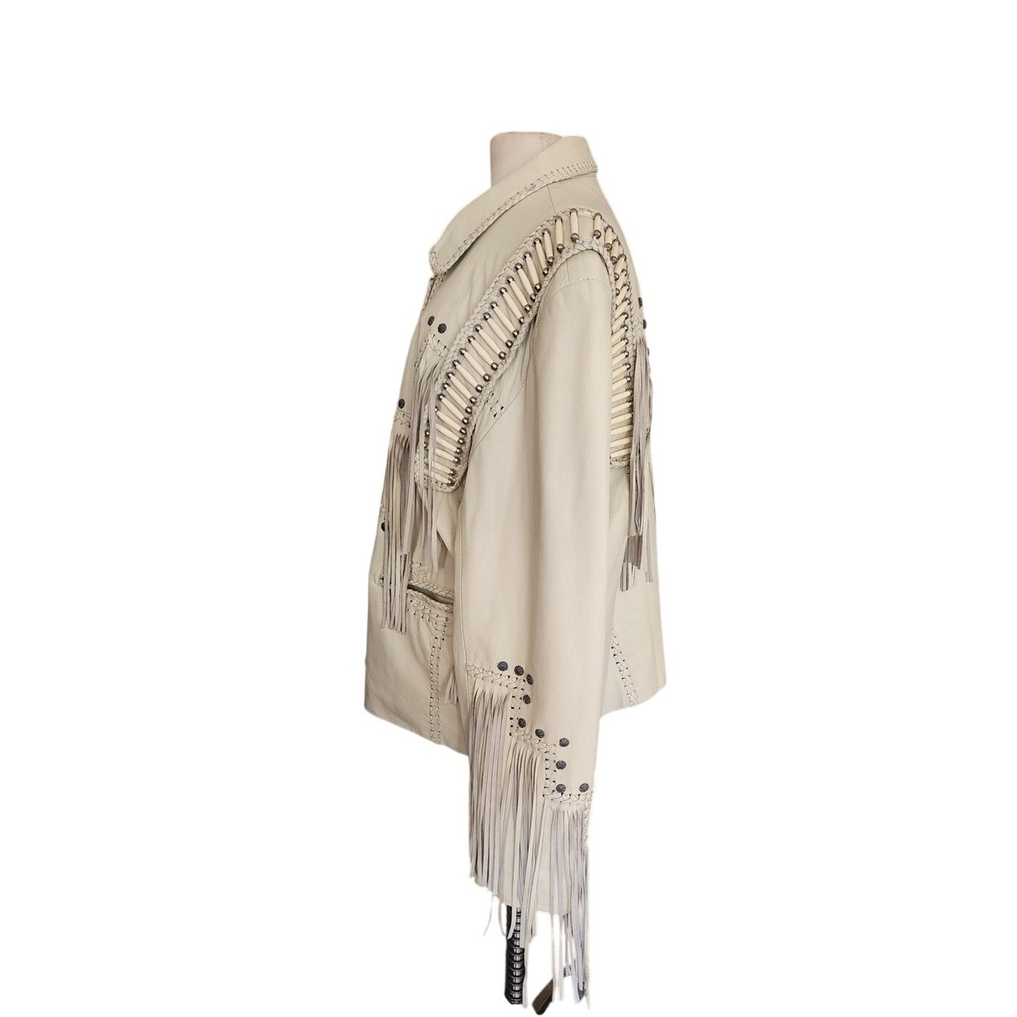 Vintage 80s White Leather Jacket SUNRIDERS Fringe, Studs & Bone Beads XXL