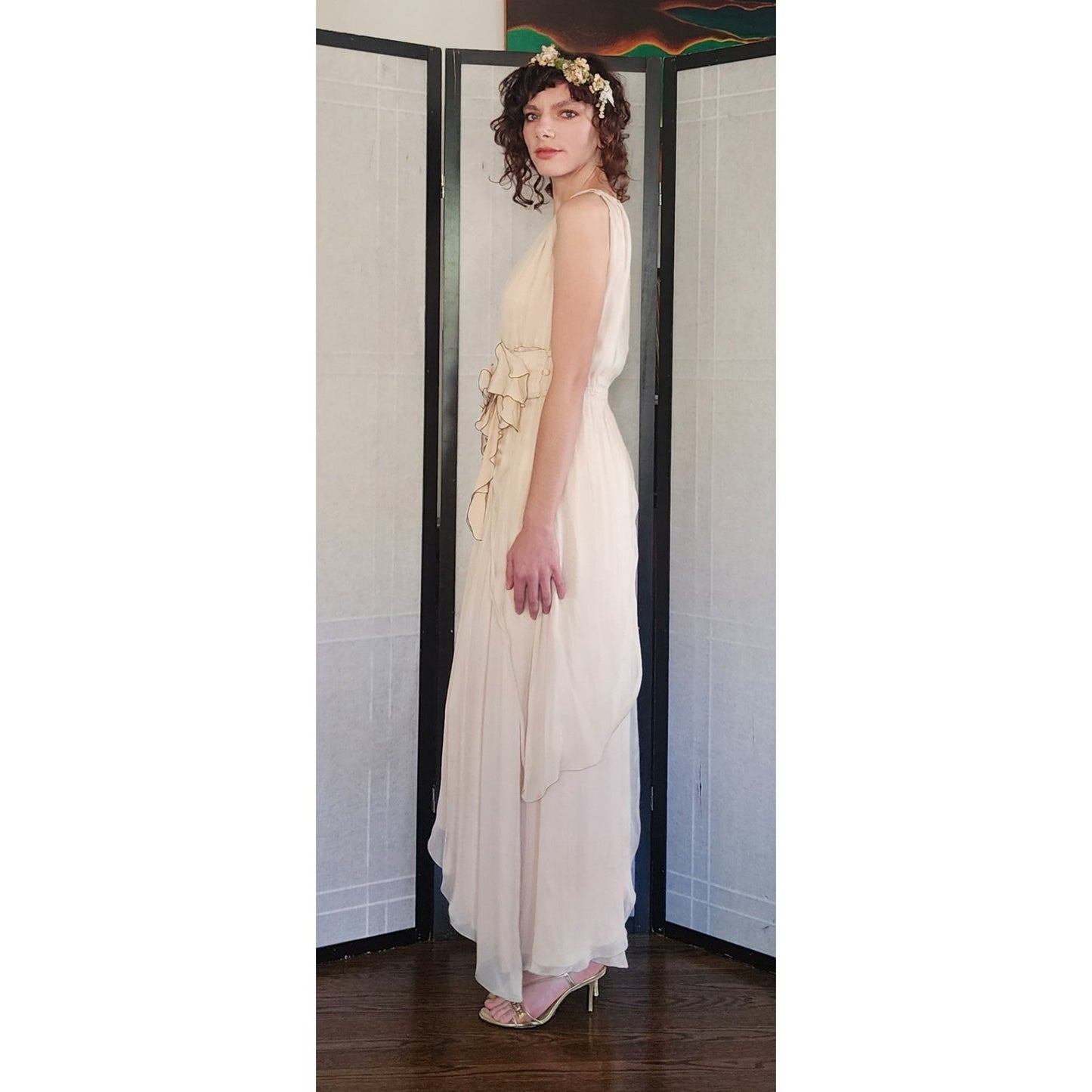 Vintage 2000s FENDI Evening Dress Sleeveless Cream Chiffon NWT