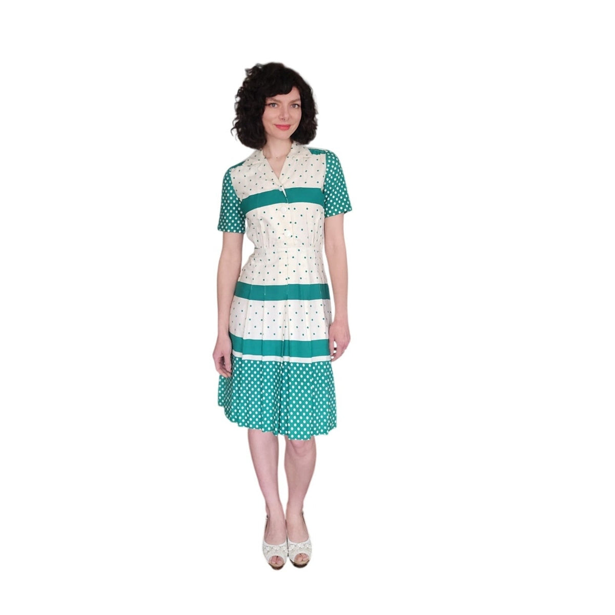Vintage 1950s Nelly Don Dress Green Polka Dot White Cotton Hope Reed Short Sleeve