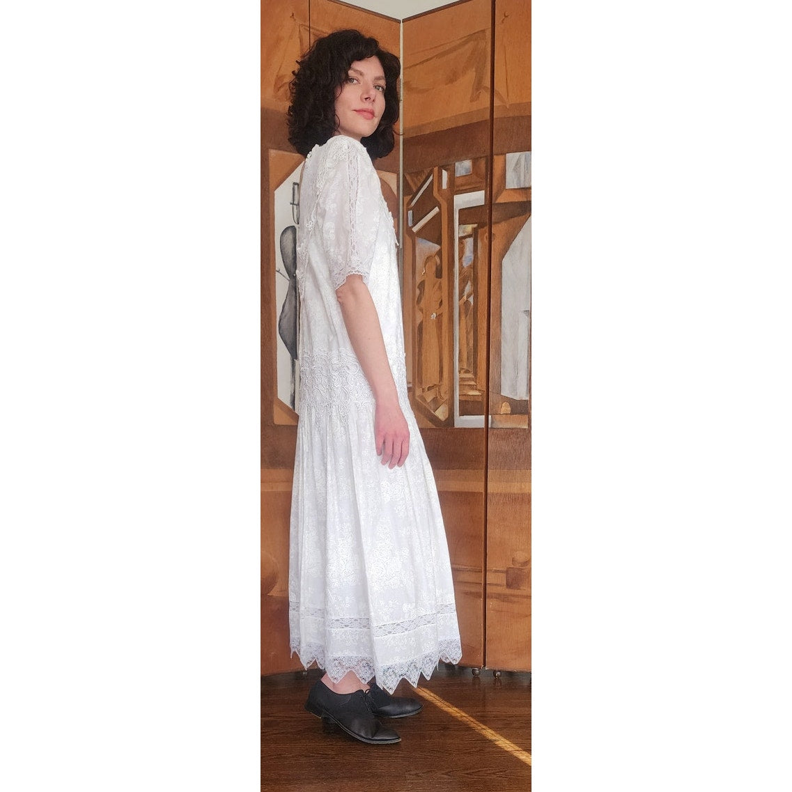 Vintage 80s Scott McClintock White Lace Dress Drop Waist Puffed Sleeves NWT