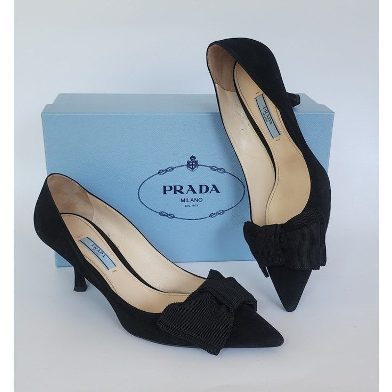 Prada Shoes Black Suede Kitten Heel Pumps with Bows Size 38 w/Original Box