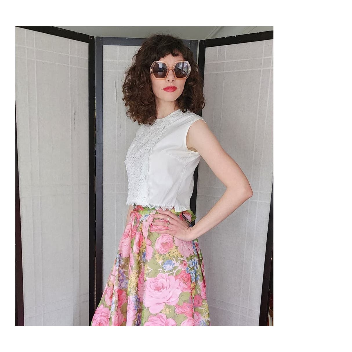 Vintage 50s White Cotton Blouse Eyelet Lace Cropped