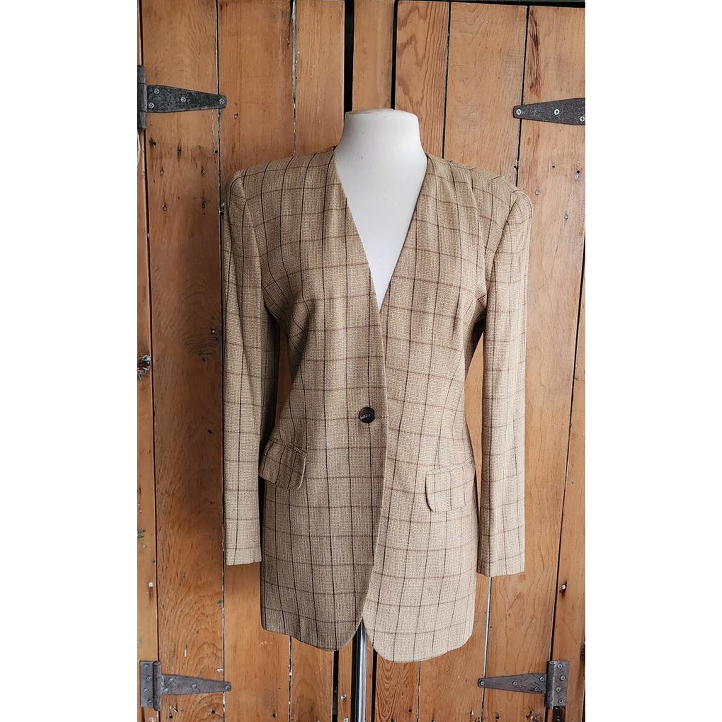 Vintage 80s Blazer Beige Windowpane Plaid Rena Rowan