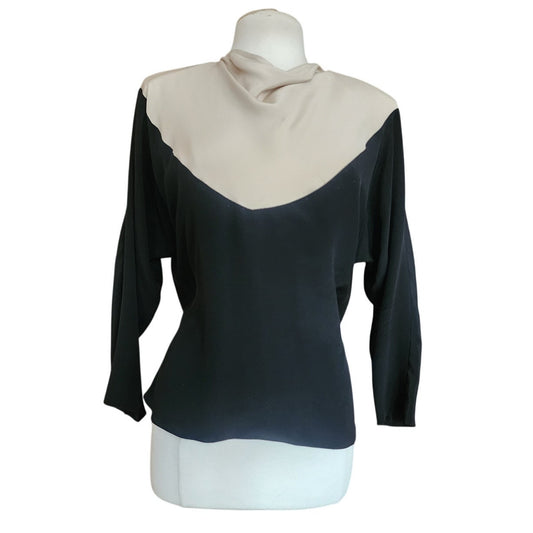 Vintage 90s Colorblock Silk Blouse Black Cream Victoria March Chicago Designer