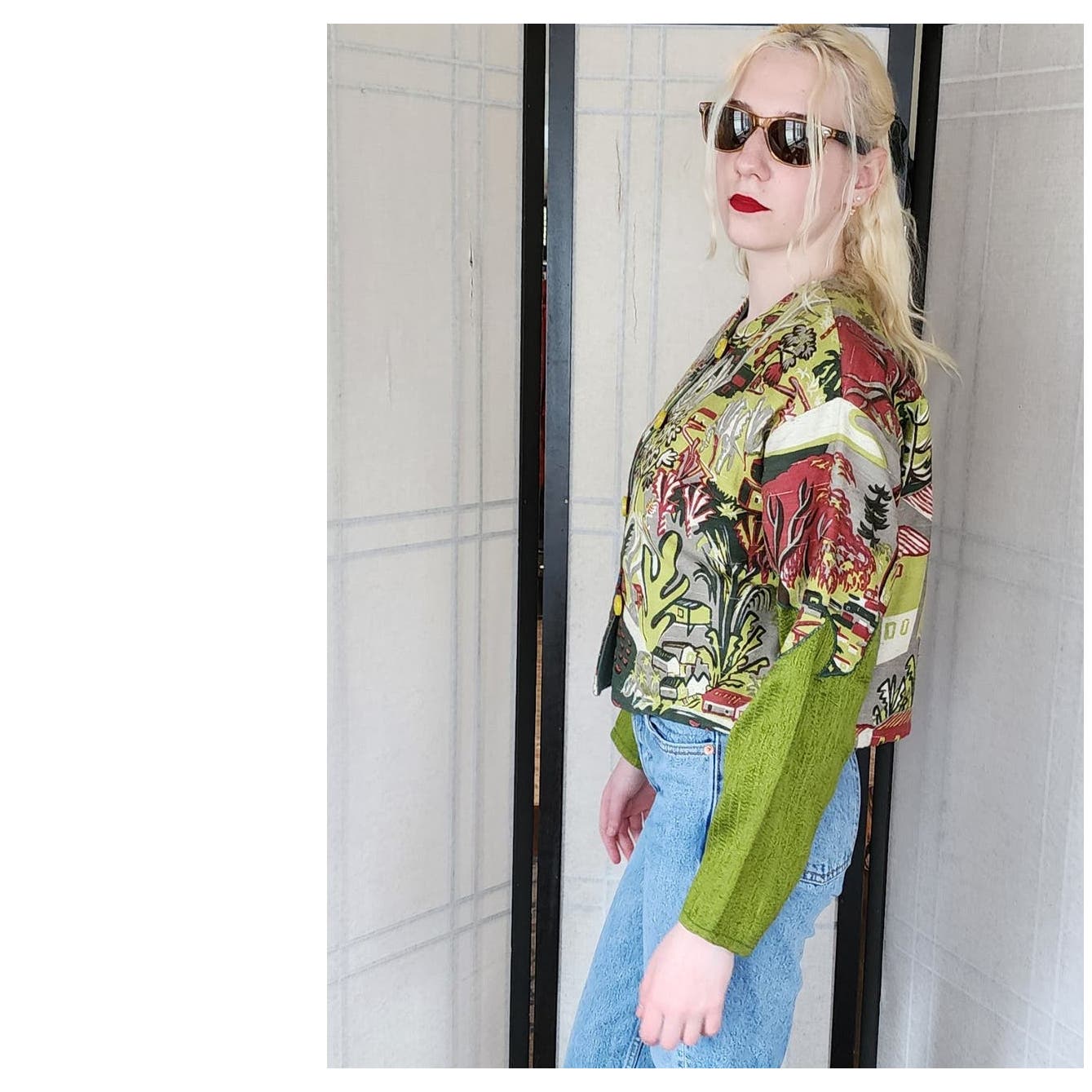 90s Cropped Blazer Novelty Print Sante Fe Style Village Cotton Canvas