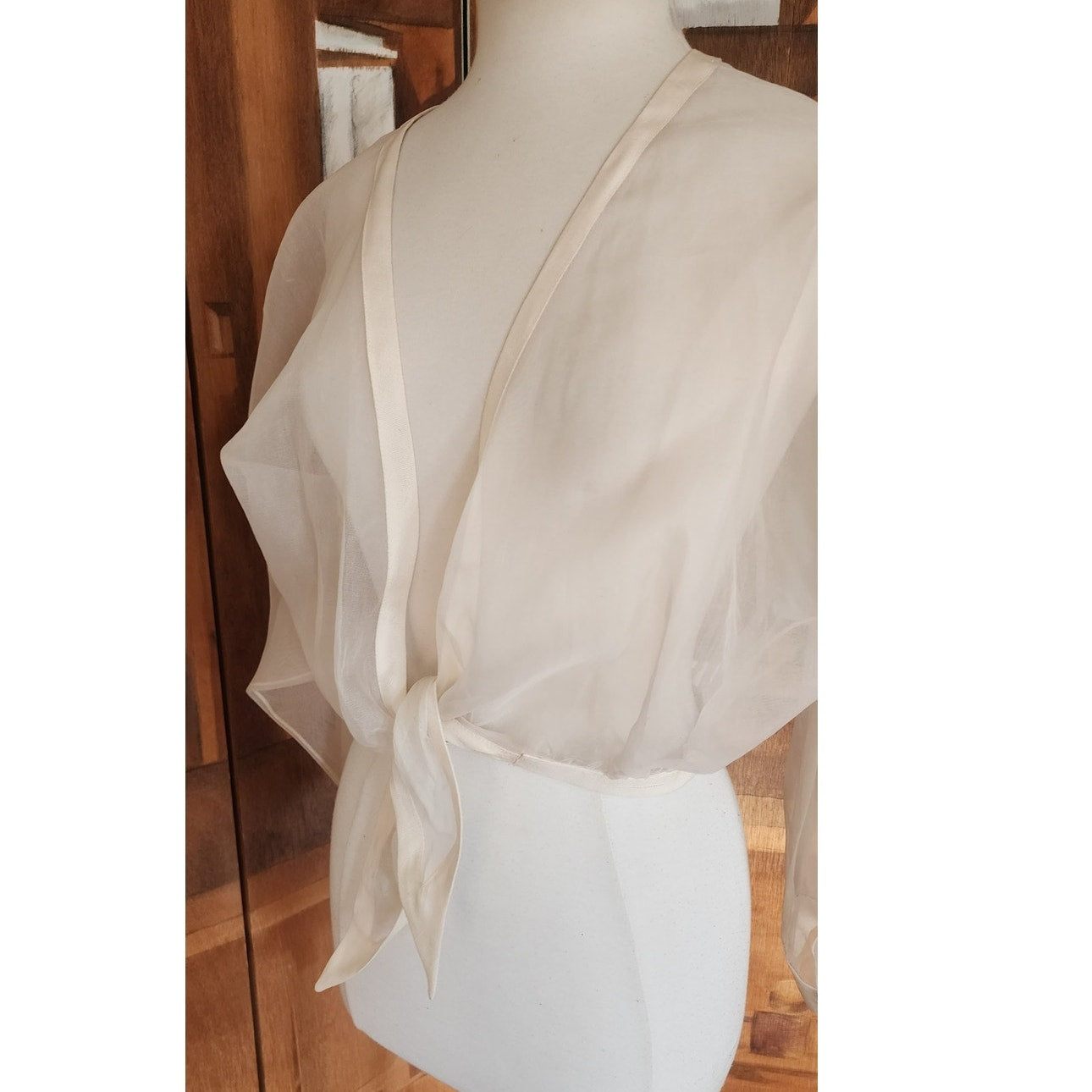 Vintage 90s White Sheer Organza Silk Blouse Tie Front Summer Jacket Victoria March Chicago