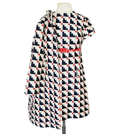 Vintage 60s Mod Dress Suit / Coat Set Geometric Print Navy Blue Red White