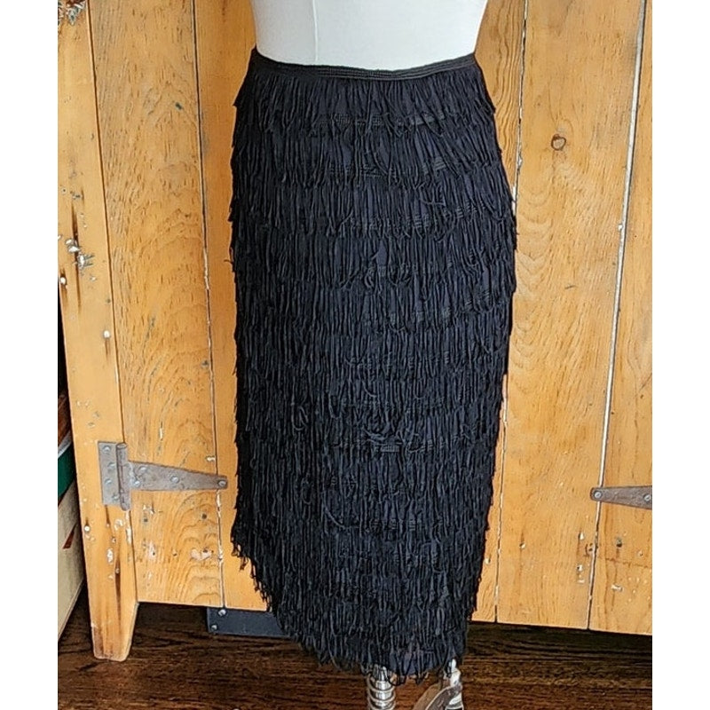 Vintage Y2K Black Fringed Skirt Knee Length Trina Turk