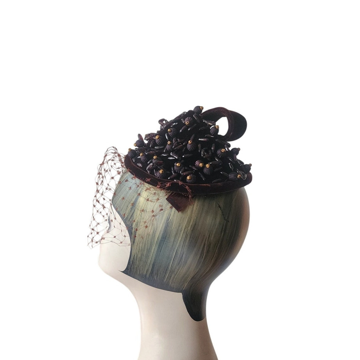 Vintage 1950s Hat Chanda Brown Beaded Velvet Asymmetrical Fascinator Bonwit Teller