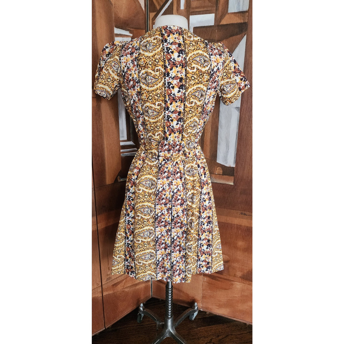Vintage 1950s Day Dress Yellow Cotton Print Paisley Shirtdress Short Sleeve / M