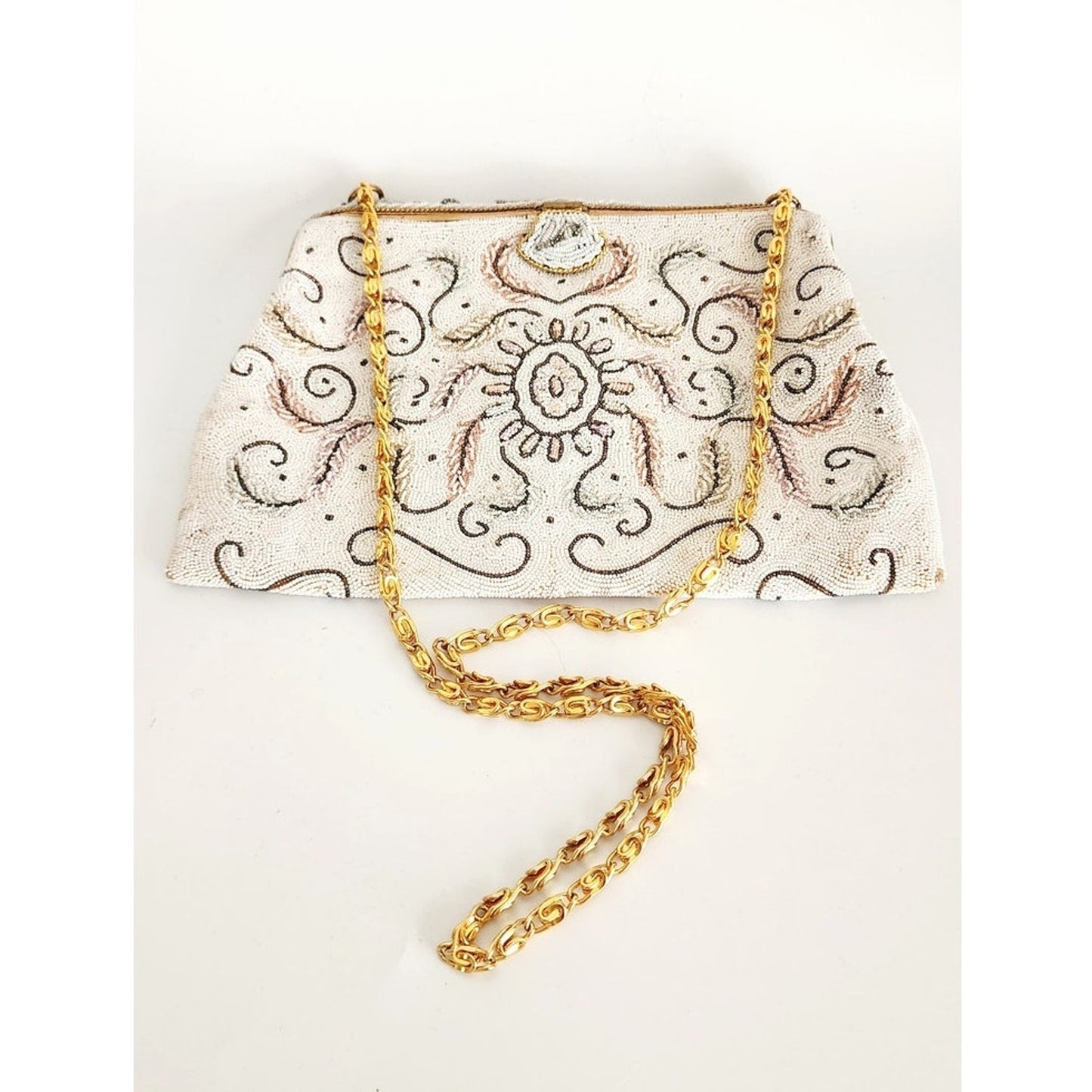 Vintage 50s Evening Bag in White Microbeads France Elaborate Scrollwork Octopus