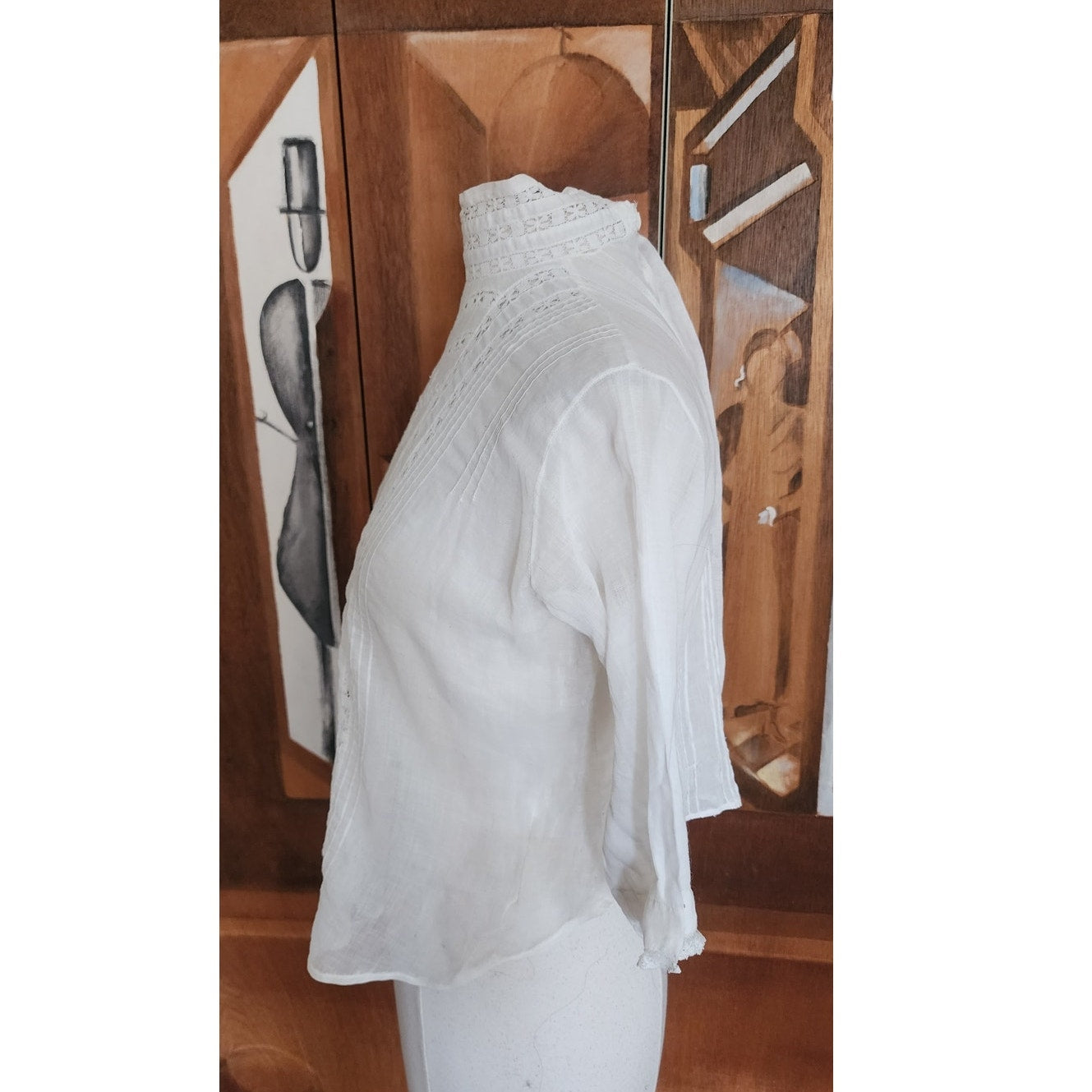 Antique Edwardian Blouse Embroidered White Cotton Lace High Neckline