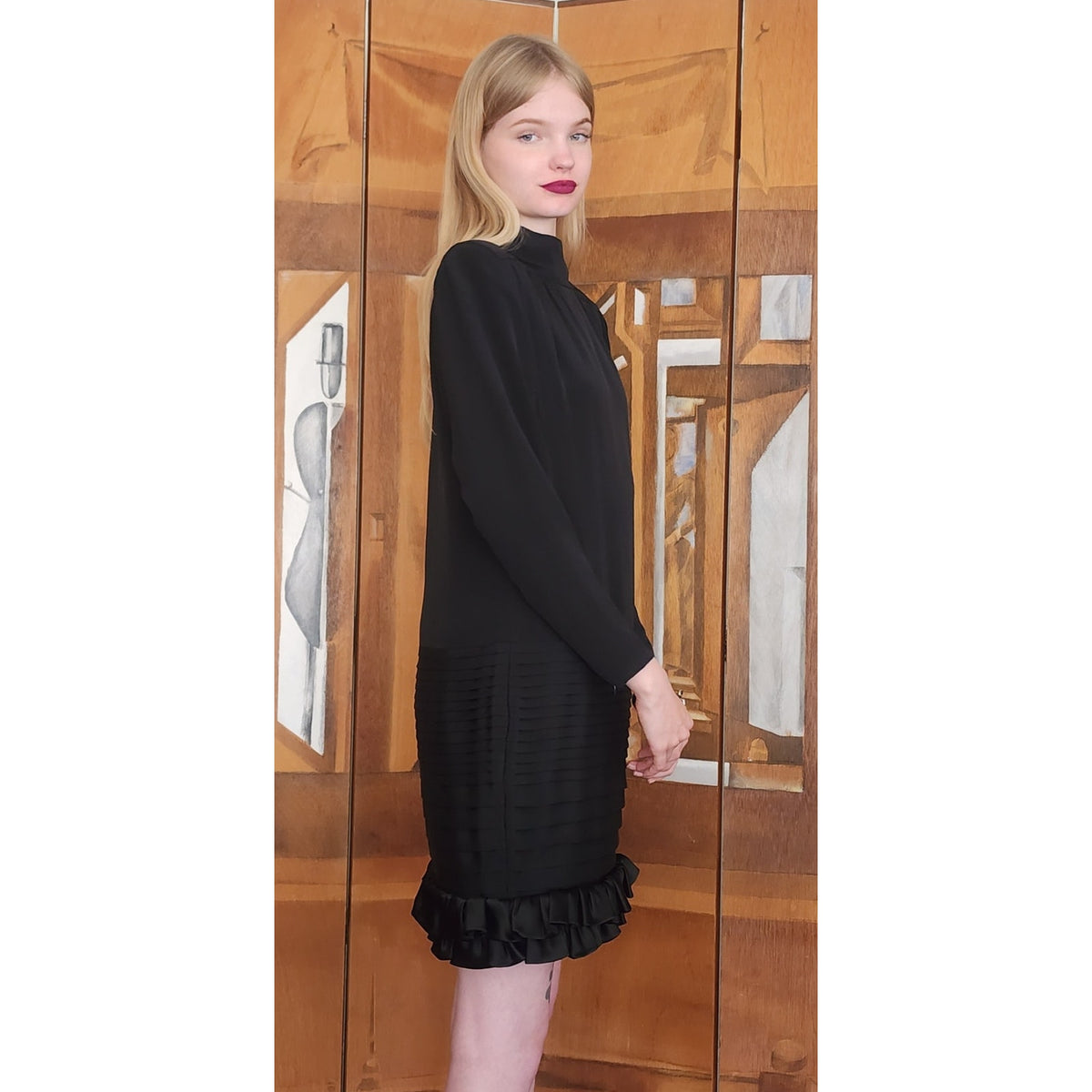 Vintage 1980s Galanos Dress Black Silk Crepe Mock Neck Pintuck Skirt Ruffle Hem