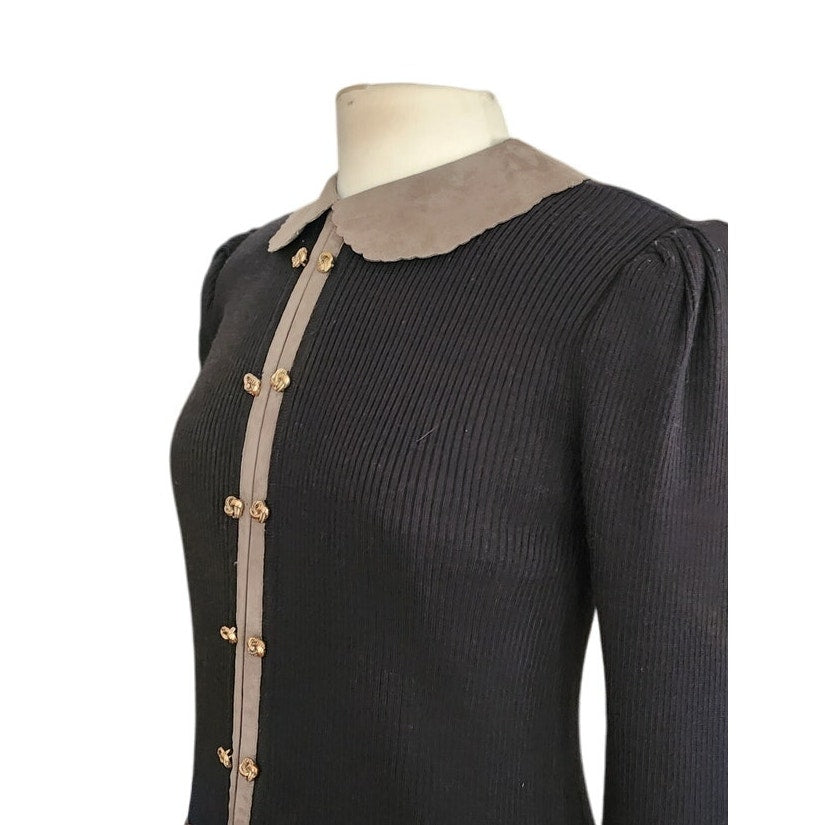 Vintage 1980s CIAO Dress Drop Waist Black Knit Gray Faux Suede / M