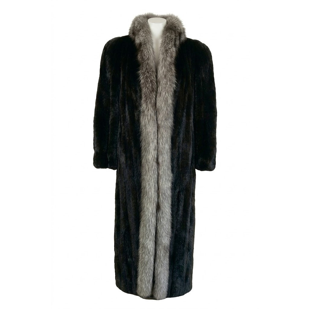 Vintage 80s Ranch Mink Black Fur Coat Long Silver Fox Tuxedo Collar Maxi