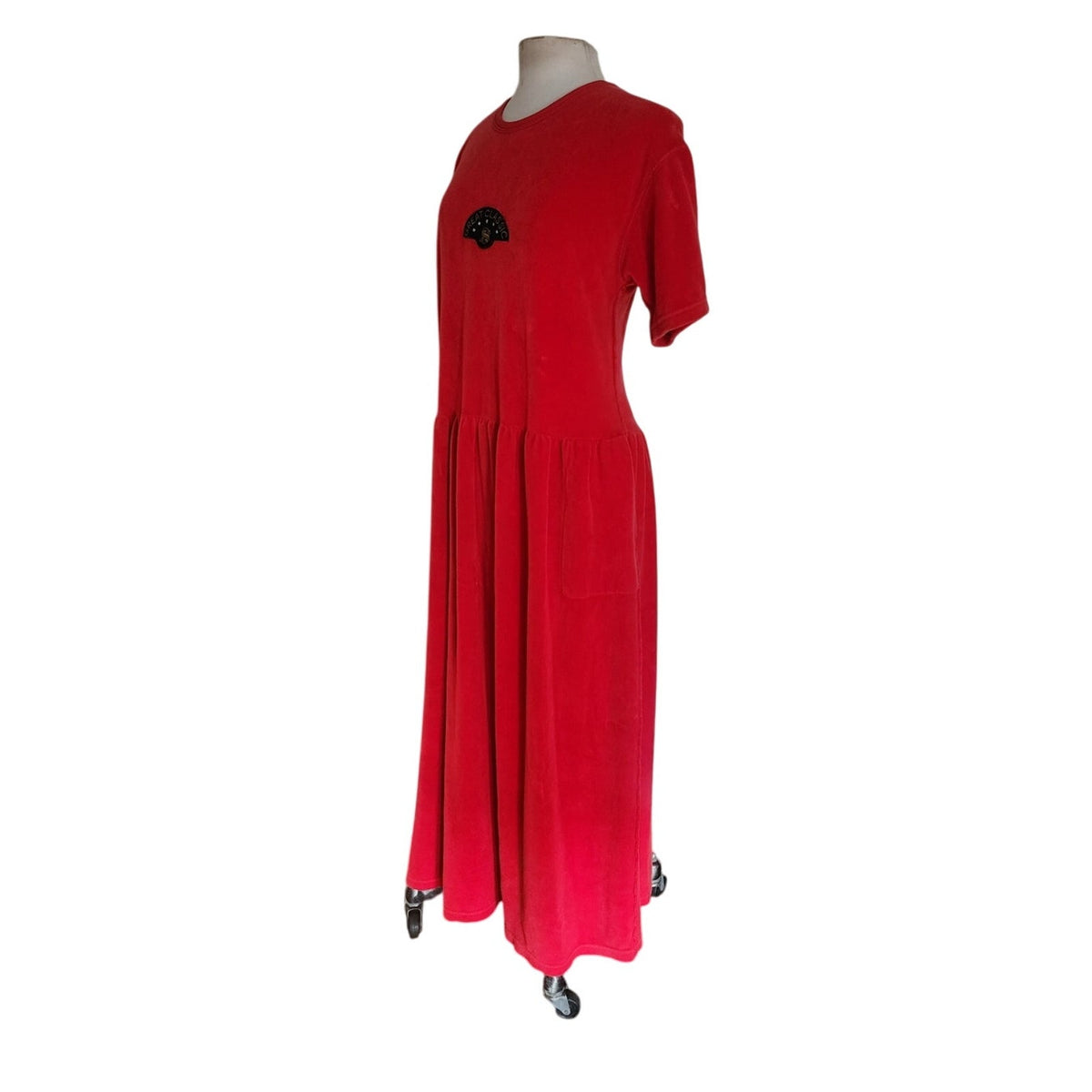 Vintage 1990s Velour Dress Red Sonia Rykiel Midi Drop Waist Embroidered Logo Emblem