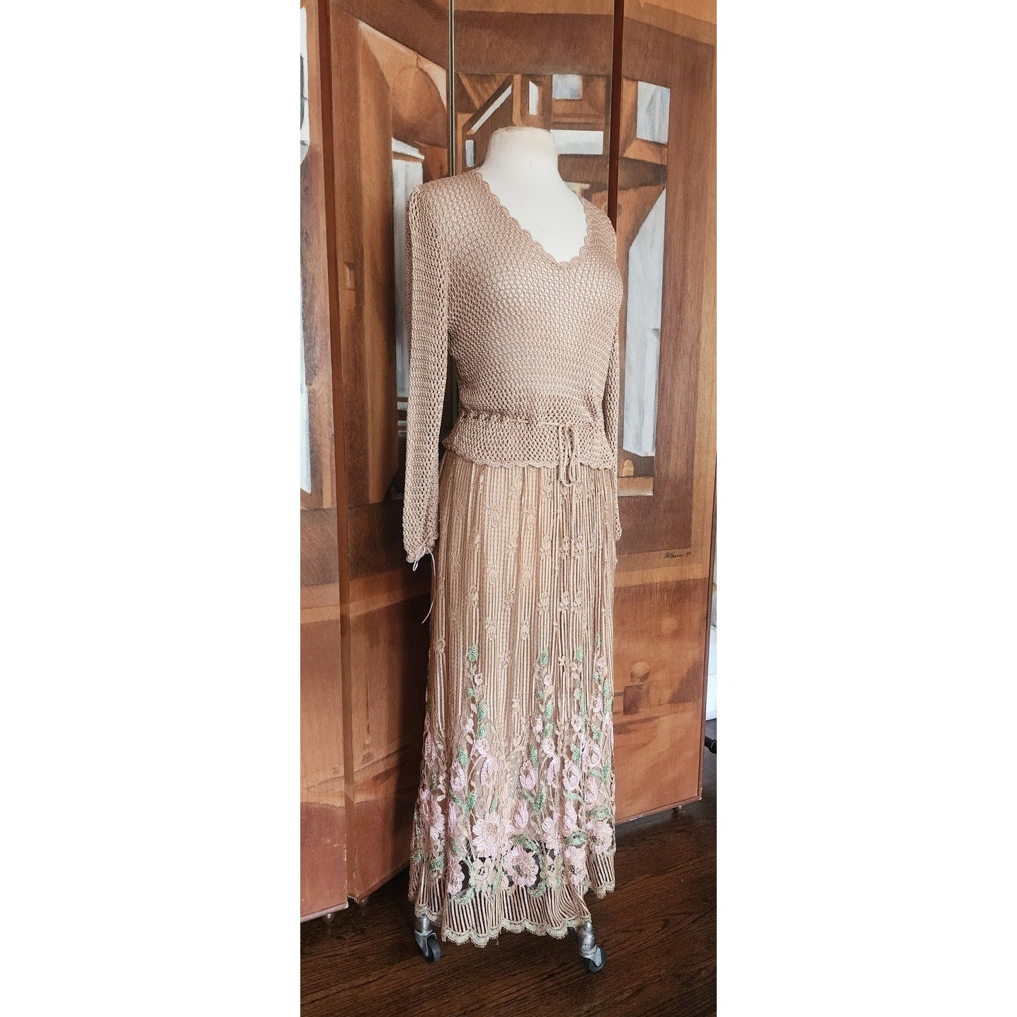 Vintage 1970s Jayna New York Dress Set Knit Crochet Top + Skirt Beige Lace Embroidery