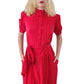 Vintage 80s Red Silk Dress Short Sleeves Belted