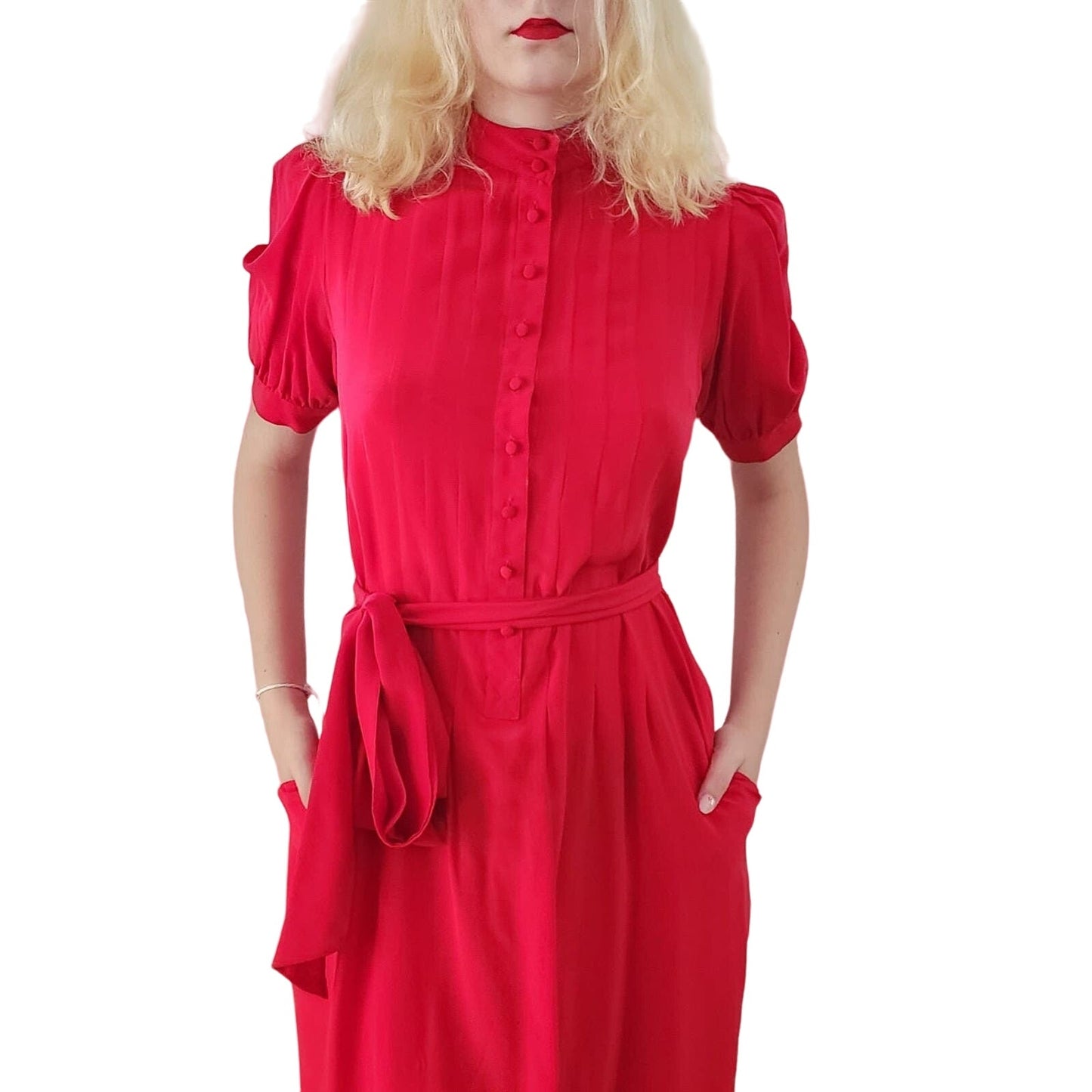 Vintage 80s Red Silk Dress Short Sleeves Belted