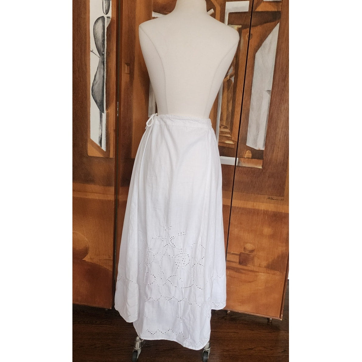 Antique Edwardian Embroidered Petticoat Skirt Underskirt White Cotton Drawstring Waist L